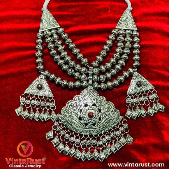 Silver Kuchi Multilayer Beaded Necklace With Dangling Pendants,Tribal Vintage - Picture 1 of 8